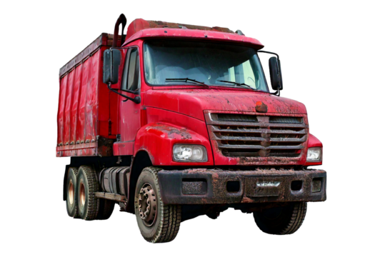 A red truck with a dirty isolated on transparent or white background