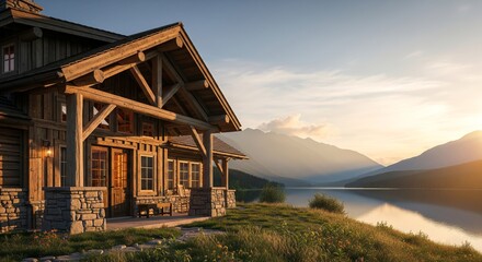 Rustic cabin nestled on a lakeside, bathed in the warm glow of the setting sun.