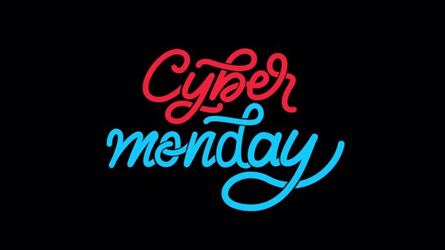 Dynamic handwritten Cyber Monday script lettering in neon colors on a black background with alpha channel. This asset is ideal for digital sales promotion videos and seasonal advertising.