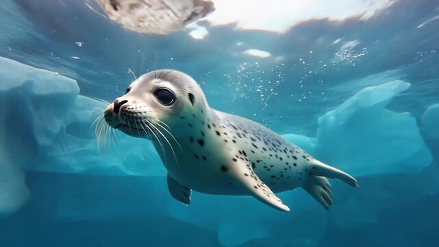 Adorable Harp Seal Pup Swimming Gracefully Underwater Amongst Icebergs baby seal