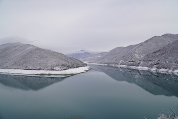 Winter landscape Zhinvali Reservoir on the Aragvi River , Georgia