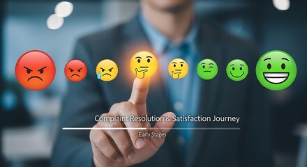 Businessman Engaging with Emotion Icons in Complaint Resolution and Customer Satisfaction Journey