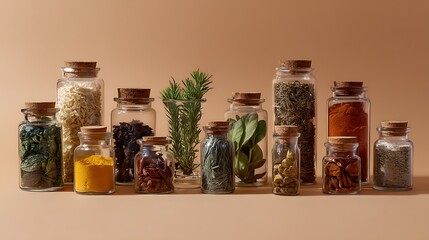 Collection of various dried herbs and spices in glass jars with cork lids