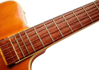 Guitar neck and frets in natural light isolated on transparent or white background