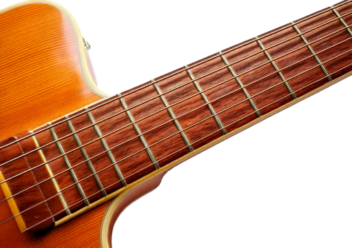 Guitar neck and frets in natural light isolated on transparent or white background