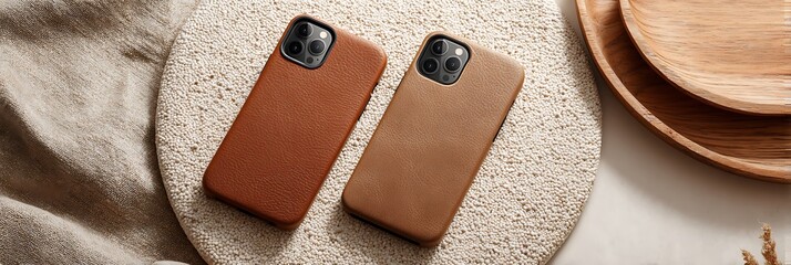 Flatlay of leather phone cases and metal cables on beige circle pattern