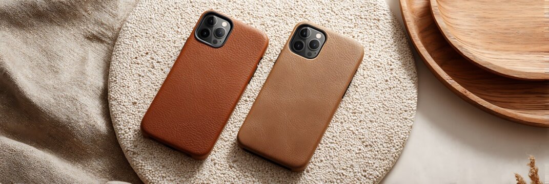 Flatlay of leather phone cases and metal cables on beige circle pattern