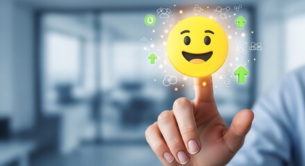 Businessman Interacting with a Happy Emoji Representing Positive Growth and Engagement in a Modern Office Environment