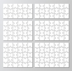 6 puzzle grid. Puzzle infographics. Jigsaw business chain infographic. Process diagram presentation. Business info graphic with steps, parts. Vector illustration