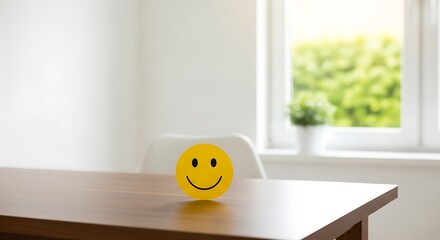 Smiling Yellow Emoji on a Wooden Table in a Bright, Minimalist Room with Greenery Outside