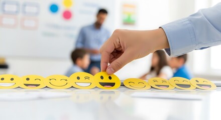 Hand Placing Smiley Face Stickers on Table During Classroom Activity to Engage Students in Emotional Learning