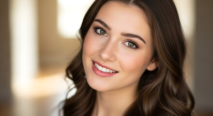 Beautiful young woman with long wavy brown hair and green eyes smiling