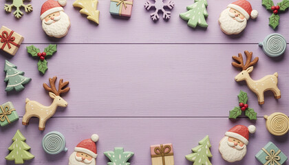 Christmas Wooden Decorations Border Background on Pastel Purple Table