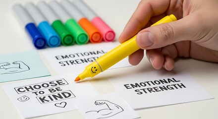 Hand Holding Yellow Marker Writing Choose to Be Kind on Positive Affirmation Cards for Emotional Strength