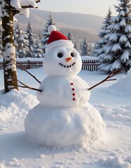 Obraz premium Happy funny marshmallow snowman are having fun in snow merry christmas banner snowman christmas holiday decoration winter season cute snow