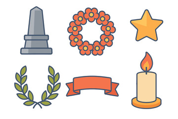 Memorial tribute elements for remembrance occasions and ceremonies. Set of 6 vector illustration