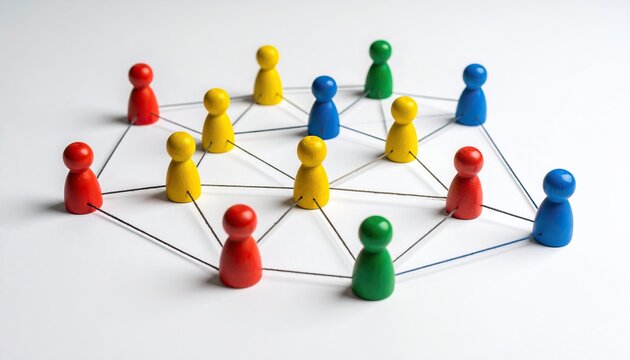 A colorful network of toy figures connected by string, with a white background and various colors