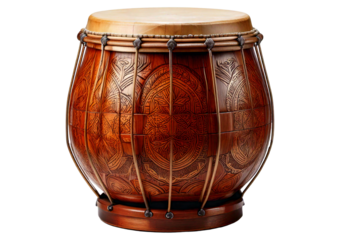 Intricately designed wooden drum isolated on transparent or white background