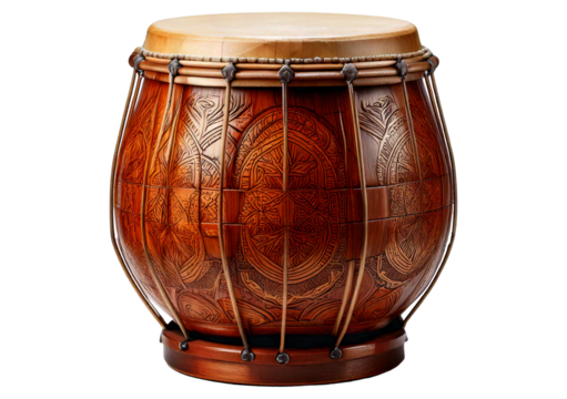 Intricately designed wooden drum isolated on transparent or white background