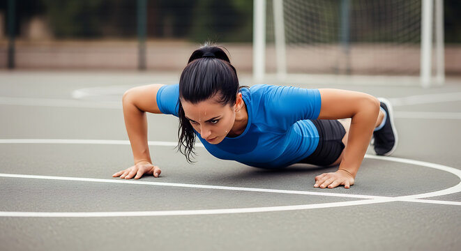 Fit woman performing a challenging push up exercise on an outdoor basketball court