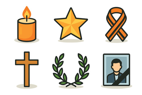 Symbols of remembrance and tribute for honoring memories. Set of 6 vector illustration