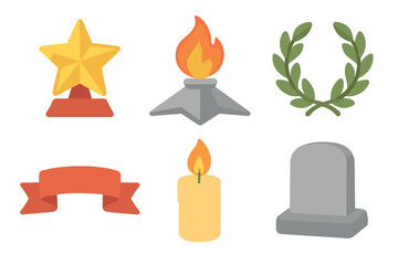 Awards symbols and tribute items for celebration and remembrance. Set of 6 vector illustration