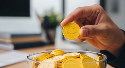 Hand Holding a Yellow Smiley Face Token Above a Bowl of Similar Tokens, Representing Positivity and Reward in a Modern Workspace
