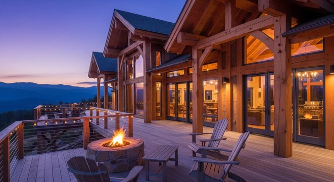 A beautiful wooden lodge with a fire pit on a deck overlooking a mountain range.