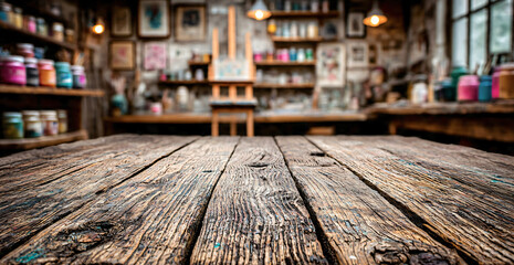 Premier plan en planches de bois et arrière-plan flou atelier d'artiste peintre