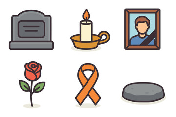 Remembrance symbols honoring lost loved ones and memorial traditions. Set of 6 vector illustration