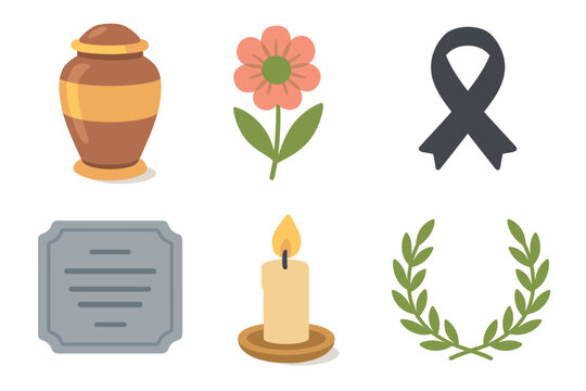 Memorial symbols for honoring loved ones and reflecting on memories. Set of 6 vector illustration