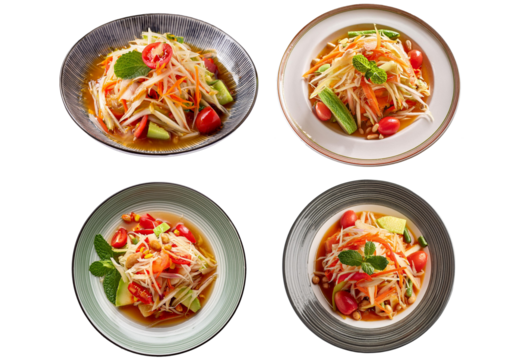 Set Papaya salad thai food isolated on transparent or white background