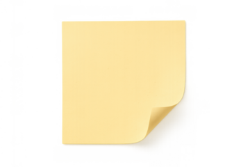 Yellow sticky note paper rendering with curled corner and transparent background for reminders and messages