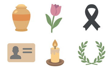 Memorial tribute with urn, flower, candle, and remembrance symbols. Set of 6 vector illustration