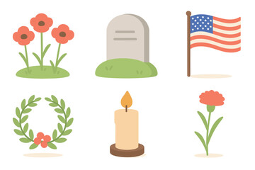 Memorial Day tribute with flowers, flag, and candle decoration. Set of 6 vector illustration