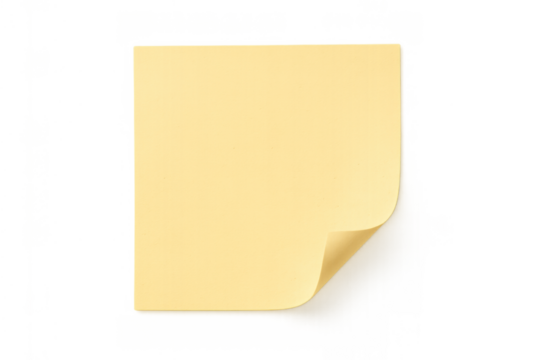 Yellow sticky note paper rendering with curled corner and transparent background for reminders and messages