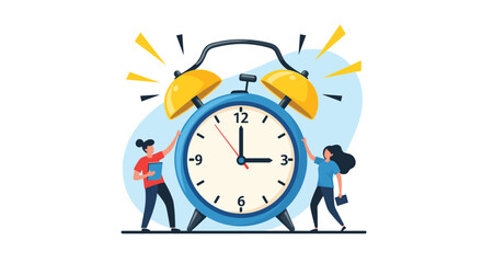 Two people are urgently pushing against a large ringing alarm clock, symbolizing deadlines, time pressure, and the need to manage schedules effectively.