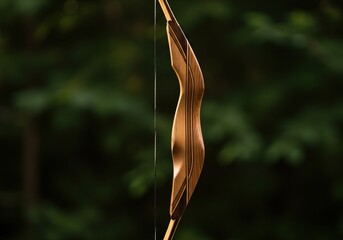 A powerful wooden recurve bow resting on a natural background, featuring the string taut and ready for traditional shooting practice ,hobby ,longbow ,fitness
