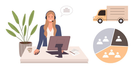 Woman wearing headset working at a desk with a computer, plant, and coffee. Delivery truck and pie chart highlight themes thumbs up remote work, logistics, teamwork, and communication. Ideal