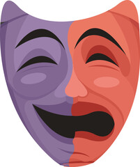 vector illustration of a theatrical mask split in half with one side purple and smiling and the other red and crying