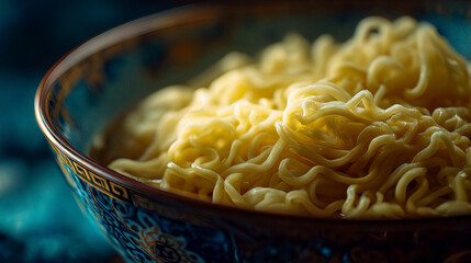 A close up of a bowl of noodles with a blue and gold patterned bowl on a blue patterned surface