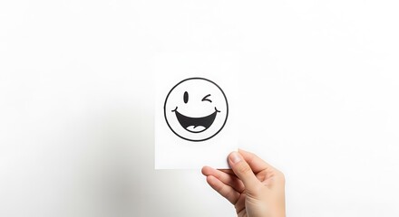 Hand Holding a Smiley Face Drawing on White Background for Positive Vibes and Communication