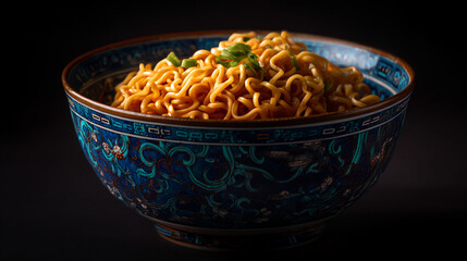 A bowl of noodles with green onions on top in a blue patterned bowl against a dark background scene