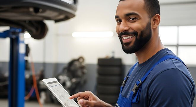 Smiling mechanic in blue overalls holding a tablet in a garage with car on lift