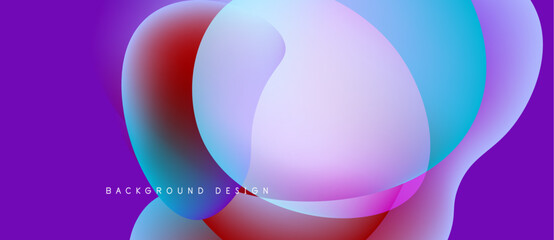Abstract fluid shapes overlap, creating vibrant purple, red, blue gradients. Modern design suggests movement, energy, visual appeal.