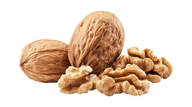 Whole and Shelled Walnuts isolated on a transparent background