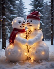 Obraz premium Hugging glowing snowmen snowmen with garlands inside snowmen in love in the forest happy new year and merry christmas fairytale relationships snowman christmas holiday decoration winter seas