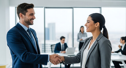 Smiling business professionals shaking hands in a modern office with colleagues in background