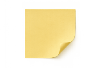 Blank yellow sticky note with curled corner for reminders, messages, and office communication on transparent background