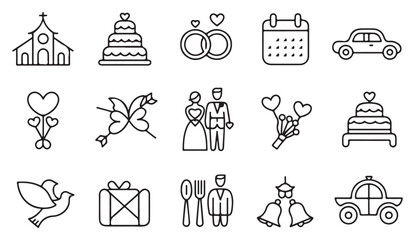 Bridal ceremony symbols including rings, dove, calendar, heart and decorations